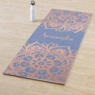 Custom Name Rose Gold Mandala Blue Yoga Mat