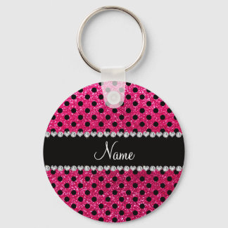 Custom name rose pink glitter black polka dots key ring