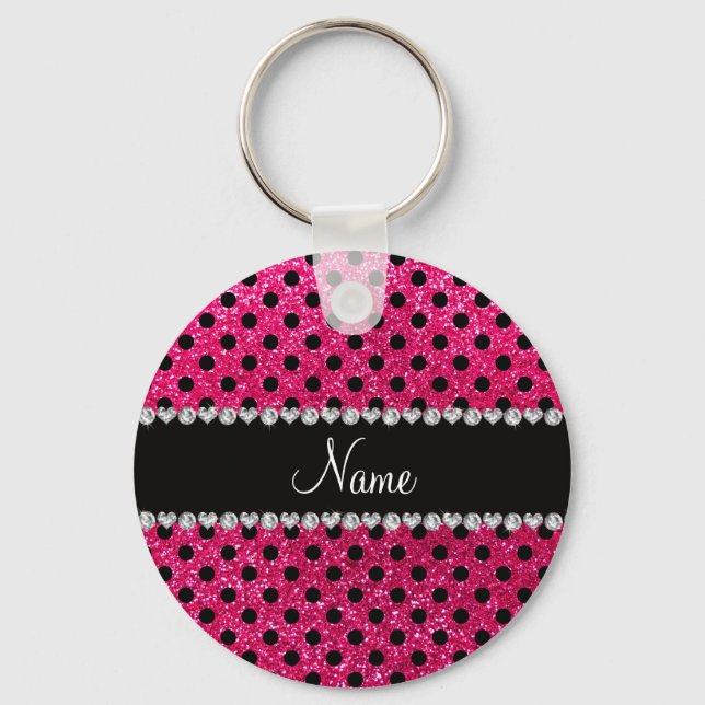 Custom name rose pink glitter black polka dots key ring (Front)