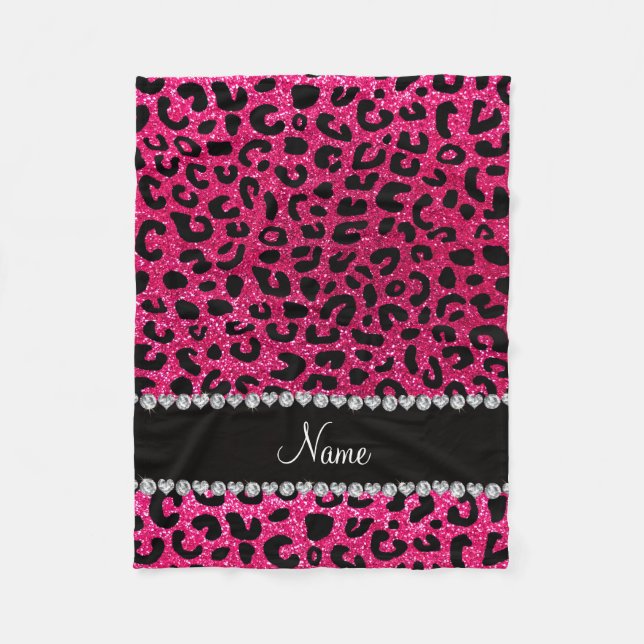 Custom name rose pink glitter cheetah print fleece blanket (Front)