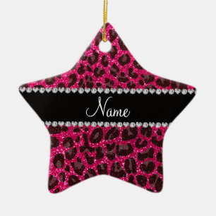 Custom name rose pink glitter leopard print ceramic tree decoration