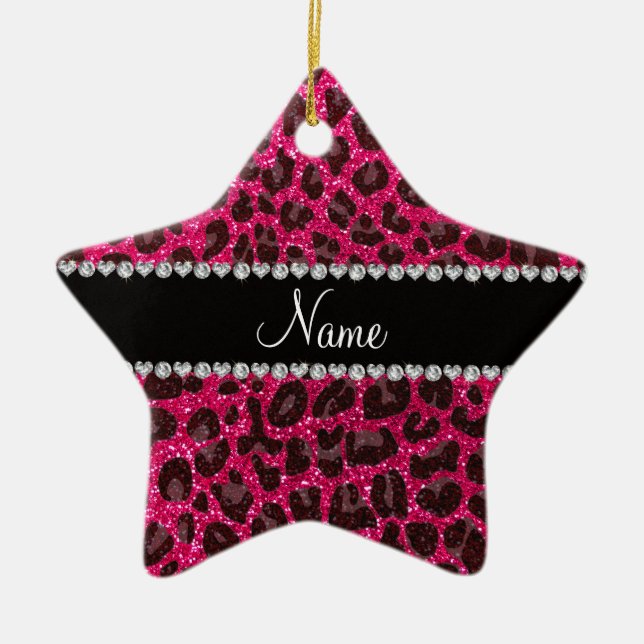 Custom name rose pink glitter leopard print ceramic tree decoration (Front)