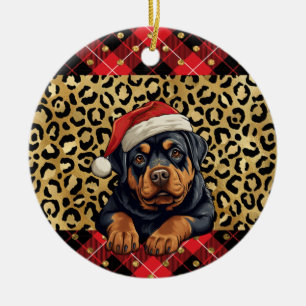 Custom Name Rottweiler dog Santa hat Buffalo Plaid Ceramic Tree Decoration