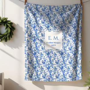 Custom Name Royal Blue Toile de Jouy Throw Blanket