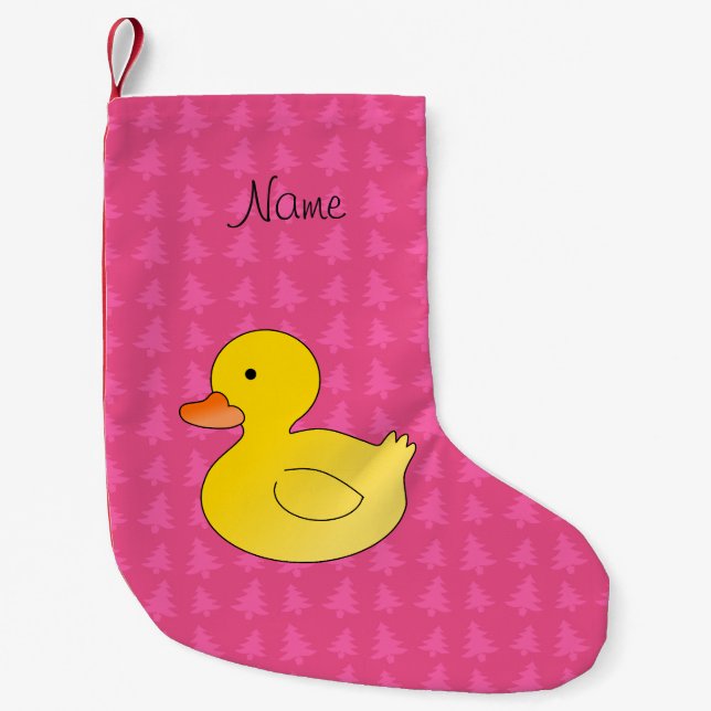 Custom name rubber duck pink trees small christmas stocking (Front)