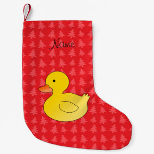 Custom name rubber duck red trees small christmas stocking