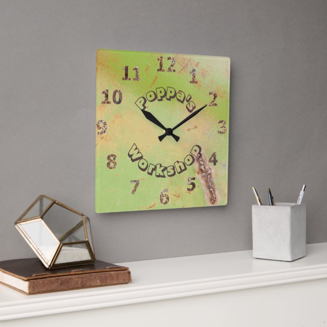 Custom Name Rustic Garage Workshop Green Patina Square Wall Clock (Office)
