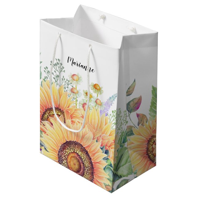 Custom Name | Rustic Sunflowers Wedding  Medium Gift Bag (Front Angled)