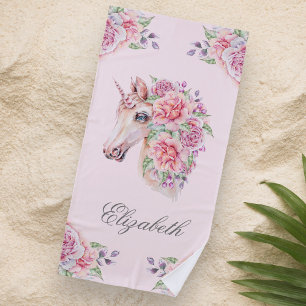 Custom Name Rustic Watercolor Floral Unicorn Girls Beach Towel