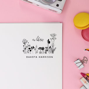 Custom Name Rustic Wildflowers Book Rubber Stamp