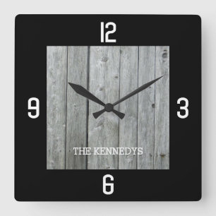 Custom Name Rustic Wood Planks Black Square Wall Clock