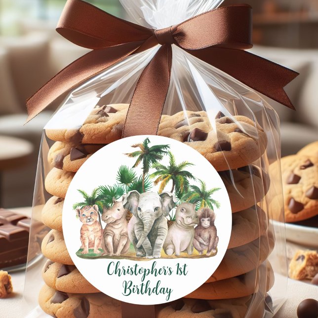 Custom Name Safari Animals Palm Trees Classic Round Sticker (Creator Uploaded)