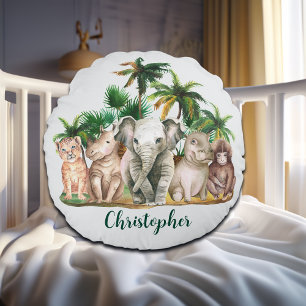 Custom Name Safari Animals Palm Trees Round Cushion