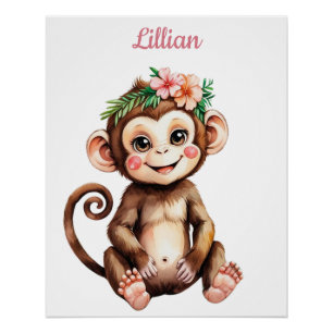 Custom Name Safari Girl Nursery Baby Monkey Poster