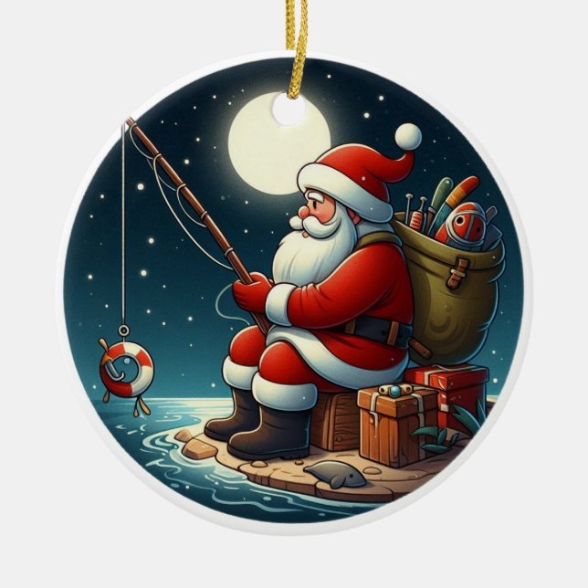 Custom name santa fishing  ceramic tree decoration (Front)