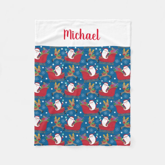 Custom Name Santa Reindeer Personalised Christmas Fleece Blanket (Front)
