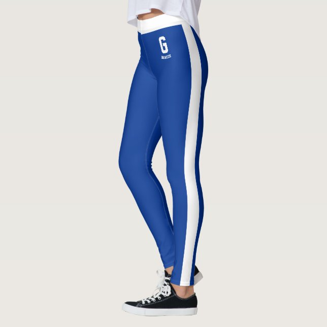 Custom Name Sapphire Blue White Stripes Monogram Leggings (Left)