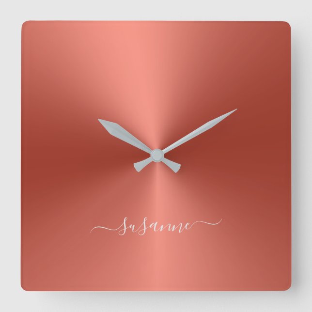 Custom Name Scarlet Red Metallic Style Acrylic Square Wall Clock (Front)