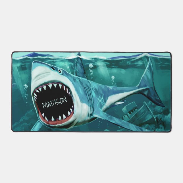 Custom Name Scary Shark Desk Mat (Front)