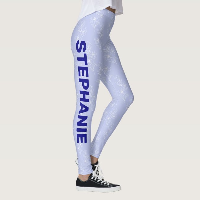 Custom name School team Light blue white flower Leggings (Right)