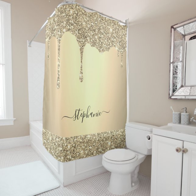 Custom Name Script Gold Glitter Drips Luxury Shower Curtain (In Situ)