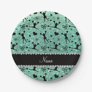 Custom name seafoam green glitter cheerleading paper plate