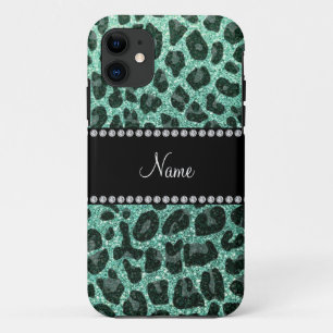 Custom name seafoam green glitter leopard print Case-Mate iPhone case