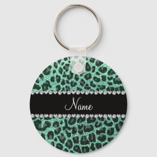 Custom name seafoam green glitter leopard print key ring
