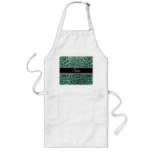 Custom name seafoam green glitter leopard print long apron