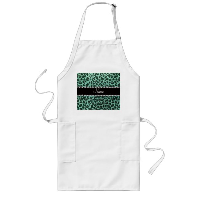 Custom name seafoam green glitter leopard print long apron (Front)