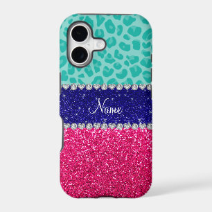 Custom name seafoam green leopard pink glitter