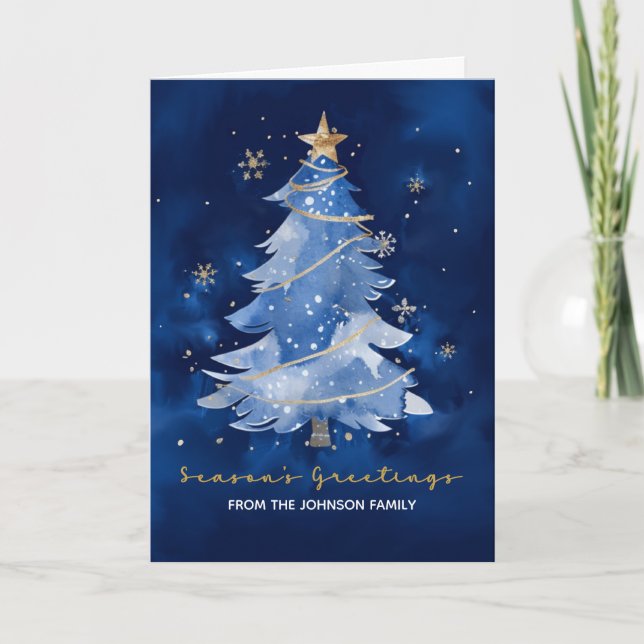 Custom Name Season’s Greetings Elegant Navy Gold Card (Front)