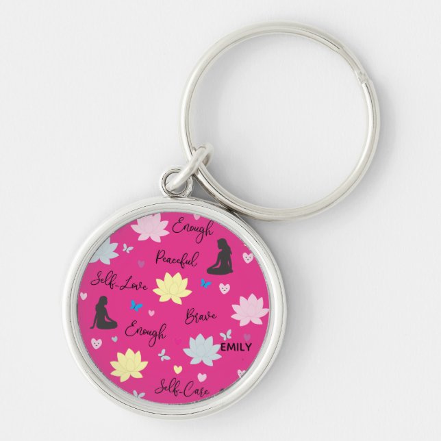 Custom Name Self Love Pink Floral  Key Ring (Front)