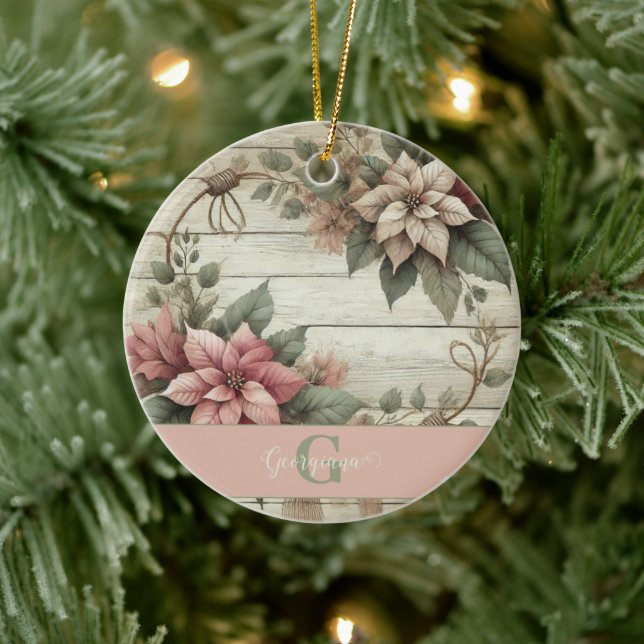 Custom Name Shabby Chic Pastel Poinsettias Garland Ceramic Tree Decoration (Tree)