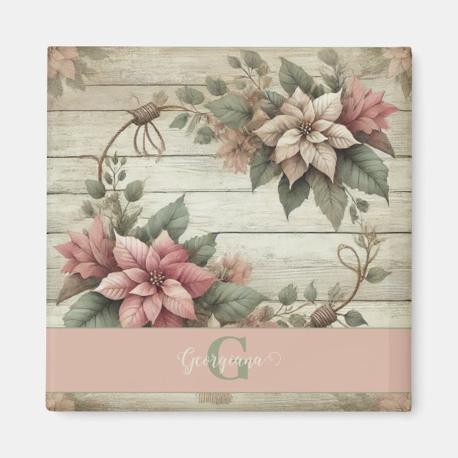 Custom Name Shabby Chic Pastel Poinsettias Garland Magnet (Front)