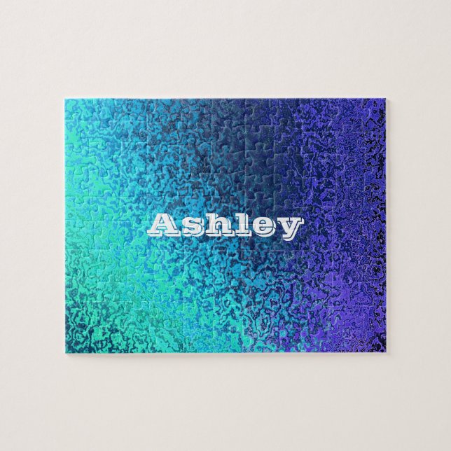 Custom Name Shades of Blue Abstract Gradient Jigsaw Puzzle (Horizontal)