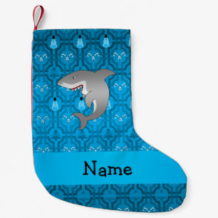 Custom name shark blue snowman trellis pattern small christmas stocking