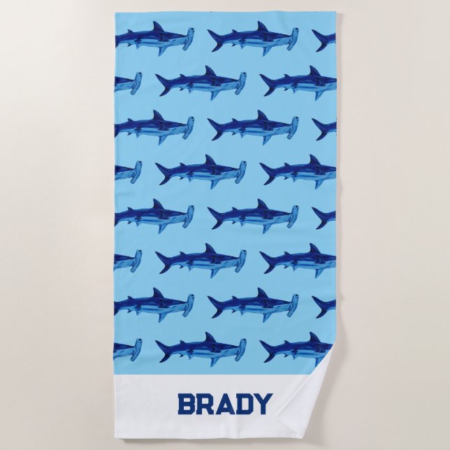 Custom Name Shark Watercolor Painting Pattern Beach Towel (Front)