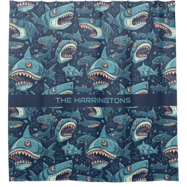 Custom Name Sharks Pattern Shower Curtain (Front)