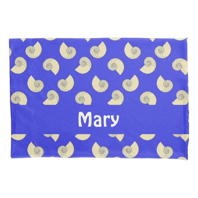 Custom name shells on blue pillowcase (Front)