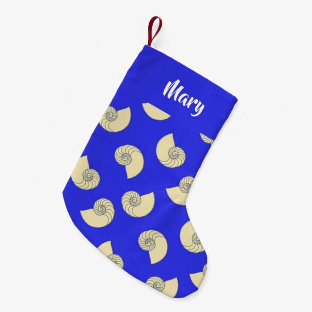Custom name shells on blue small christmas stocking (Front (Hanging))
