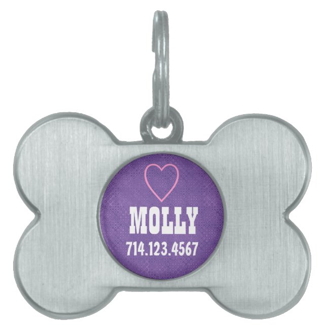 Custom Name Silver Bone Dog Tag  PURPLE Heart (Front)