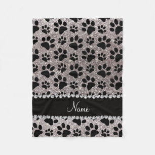 Custom name silver glitter black dog paws fleece blanket