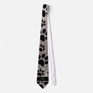 Custom name silver glitter black dog paws tie