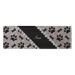 Custom name silver glitter bones dog paws tag