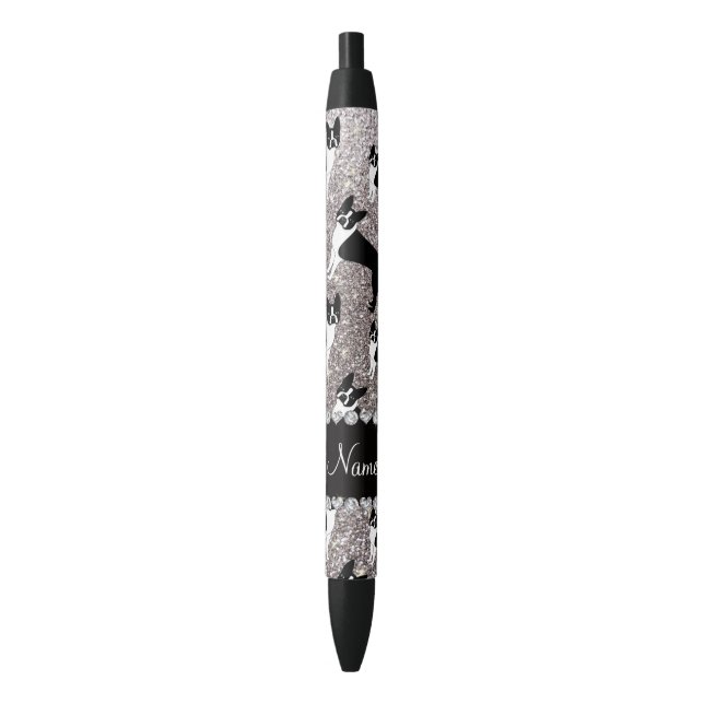 Custom name silver glitter boston terrier black ink pen (Front Vertical)