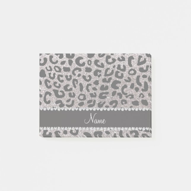 Custom name silver glitter cheetah print post-it notes (Front)