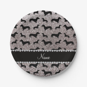Custom name silver glitter dachshunds paper plate
