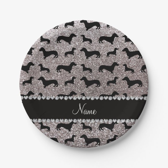 Custom name silver glitter dachshunds paper plate (Front)