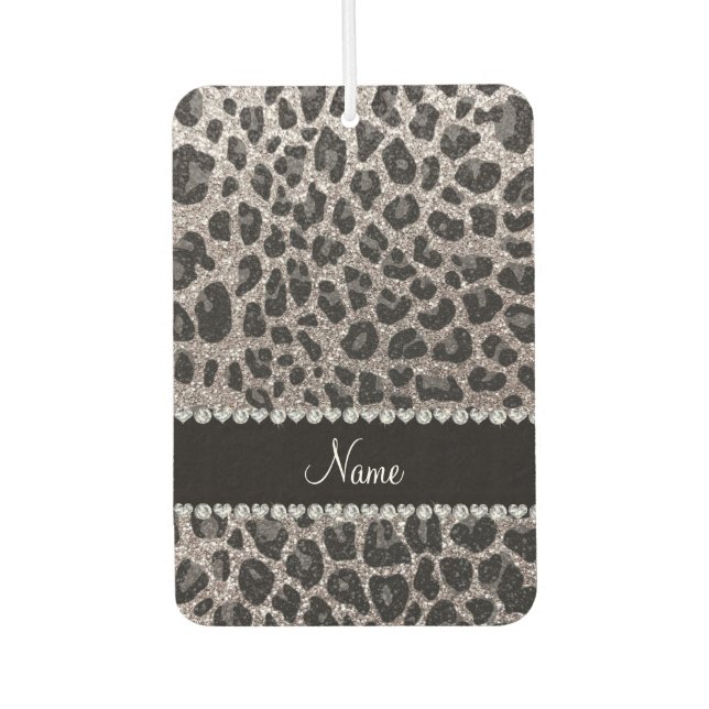 Custom name silver glitter leopard spots car air freshener (Front)